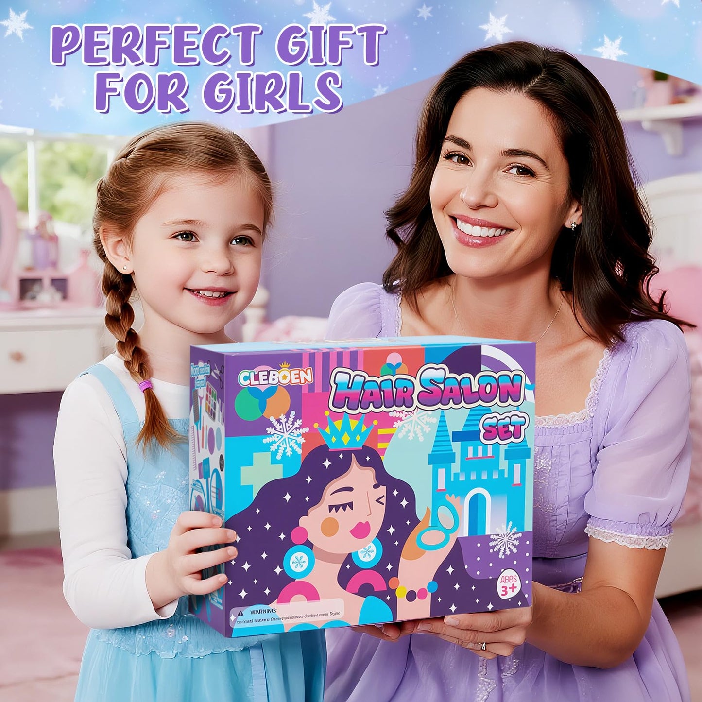 Cleboen Hair Salon Toys for Girls, Kids Pretend Play Beauty Salon Hair Styling Set with Blow Dryer Straightener Mirror Apron Styling Accessories & Makeup Set, Birthday Gifts for Girls 3 4 5 6 7 8+