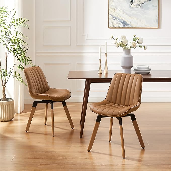 Art Leon Swivel Dining Chairs Set of 2, Mid Century Modern Kitchen Dining Room Chairs, Upholstered Faux Leather Armless Side Chair with Wood Legs for Living Room Bedroom, Yellow Brown