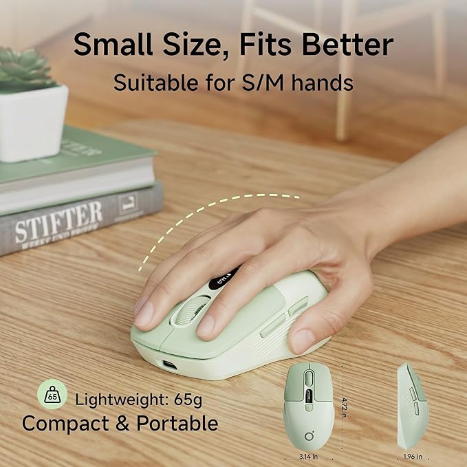 EWEADN Q1 Wireless Mouse, BT & 2.4G Silent Mouse Quiet Click with 1600 DPI Levels, Battery & DPI LED Screen Display, 6 Button Small Portable Bluetooth Mouse for Laptop/PC/Mac-Green