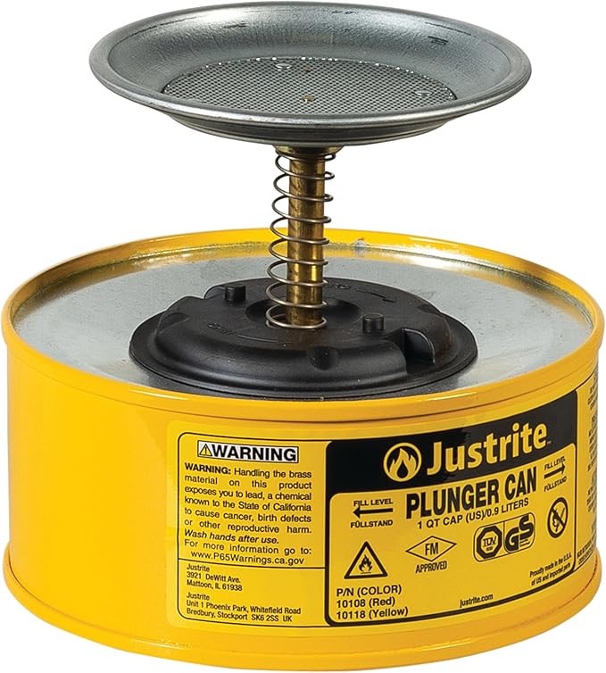 Justrite Plunger Can for Solvents, 1 Quart Capacity, 5.6" x 7.25" Steel Push-Down Solvent Dispenser Can, Made in The USA Industrial Mechanic Tools, Yellow, 10118