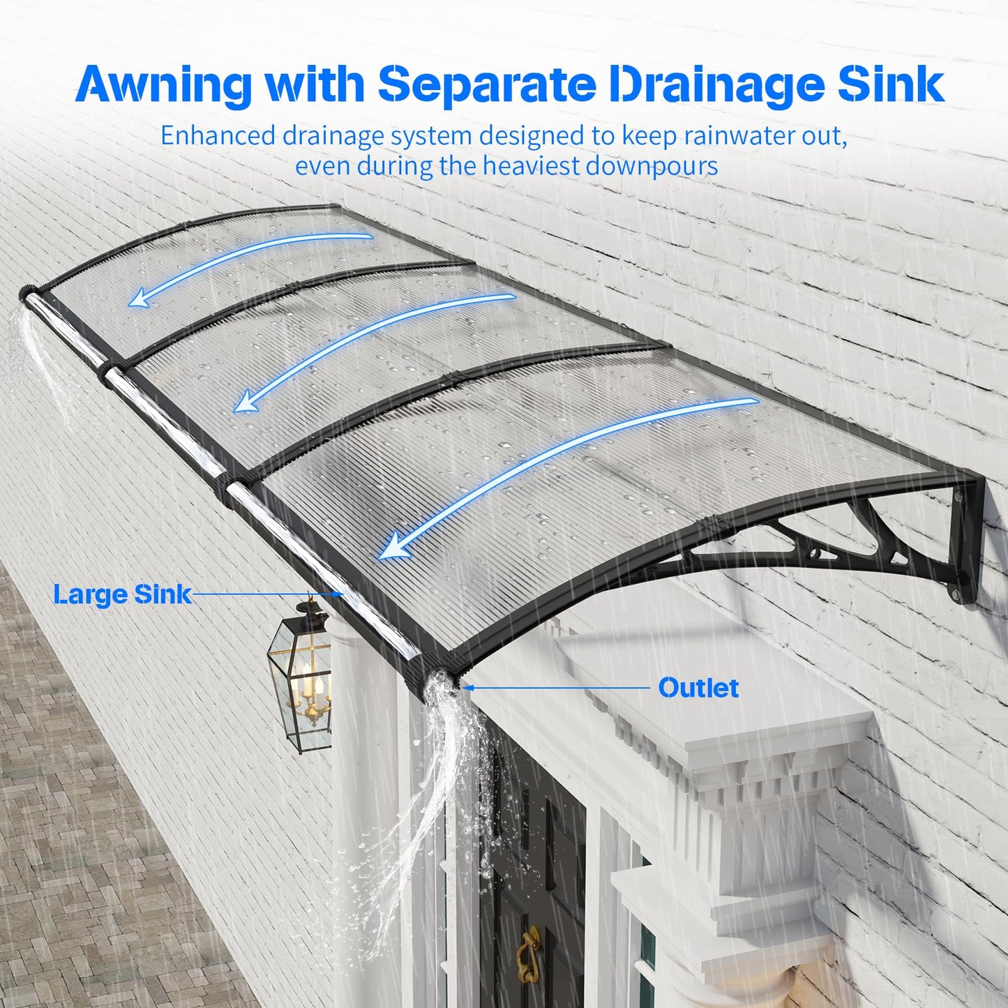 GGNEBAI Awning for Door Entrance 40x80 Inch,Awnings for Doors with Separate Drainage,Front Door Awning Exterior,Polycarbonate UV, Rain, and Snow Protection for Porch,Patio,Window,Deck