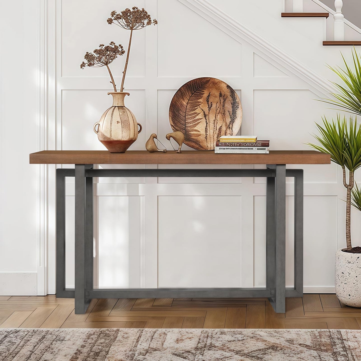 SZTHHDF 59.05'' Sofa Table for Living Room, Morden Console Table, Narrow Rectangle Solid Wood Entryway Table with Rubber Wood Legs for Hallway Kitchen Foyer (Brown+Grey)