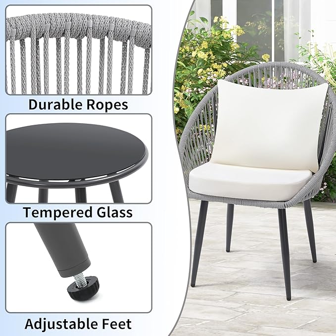 wildformers 3 Pieces Bistro Set, Woven Rope Chair with Cushions, All Weather Patio Conversation Set and Side Table, Ideal for Deck, Balcony, Poolside, Grey