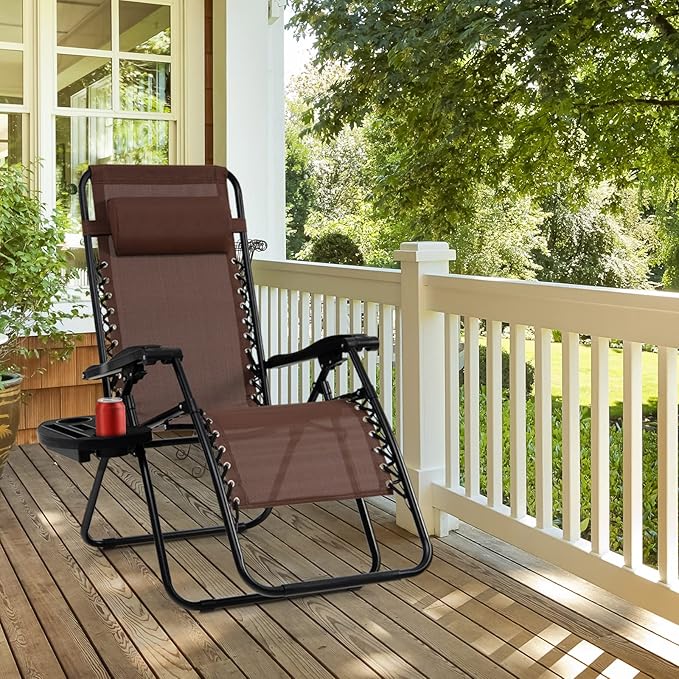 Tangkula Zero Gravity Chair, Folding Patio Lounge Chair Adjustable Outdoor Recliner with Cup Holder, Wide Armrest for Patio Garden Poolside Outdoor Yard Beach, Support 350 lbs (1, Brown)