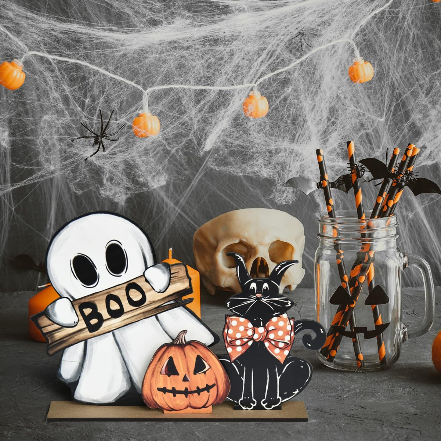 Smile Happy Halloween Wooden Table Decoration, Pumpkin Ghost Boo Black Cat Standing Centerpieces, Indoor Decor for Desk Shelf and Party