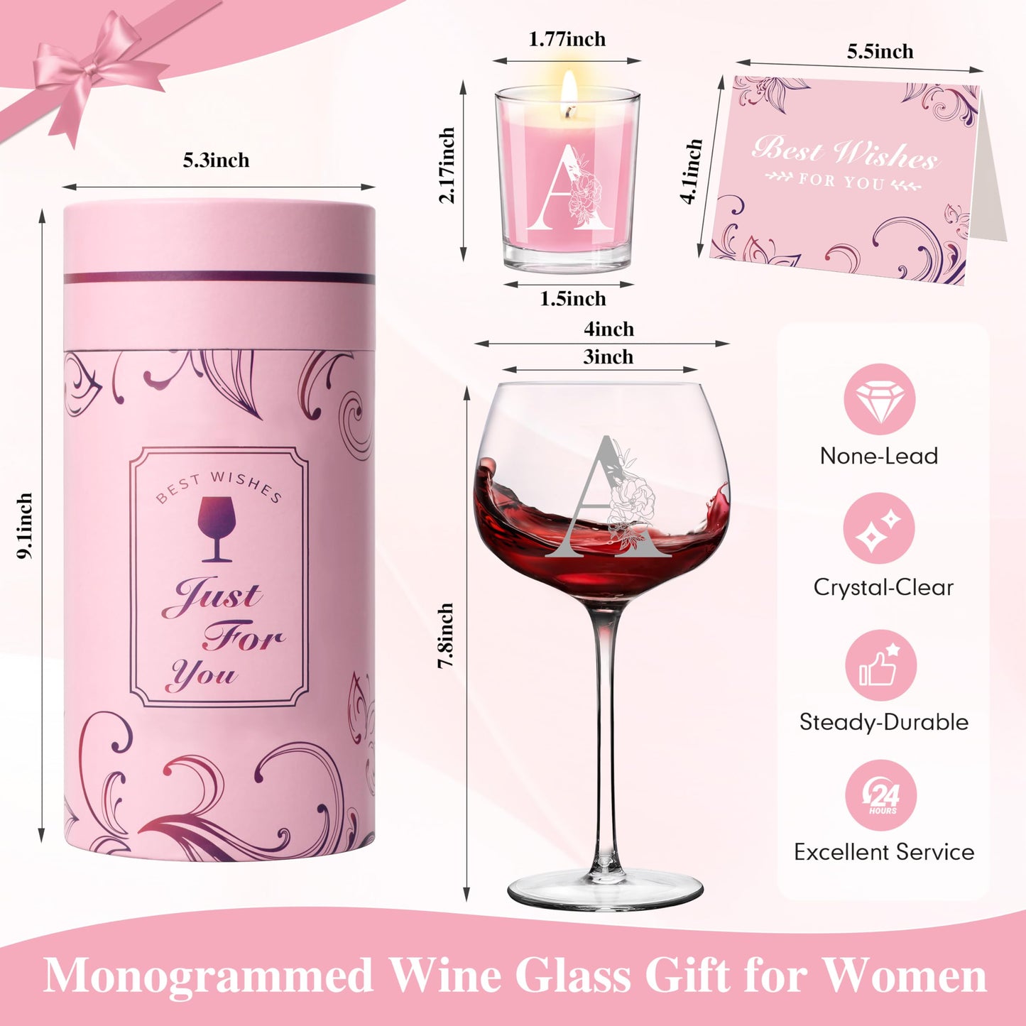 Personalized Gifts for Women - Customized Gift A-Z Wine Glass, Unique Birthday Gifts for Women, Christmas Basket Gift for Her, Mom, Wife, Sister, Friend, Nurse（A）