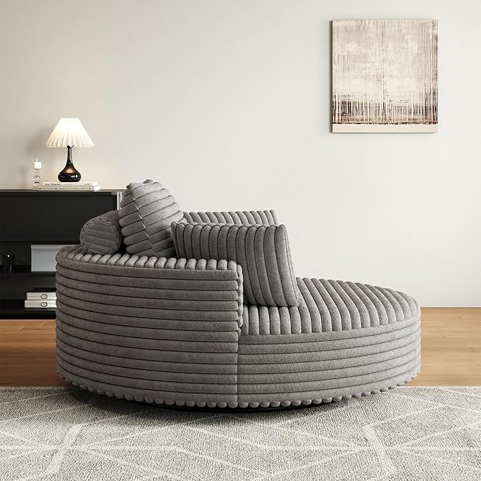Antetek 360-Degree Oversized Swivel Chair, Modern Round Circle Corduroy Comfy Deep Seat Swivel Accent Chaise Lounge Sofa Chair with Back Cushion & 2 Throw Pillows for Living Room Bedroom Office, Grey