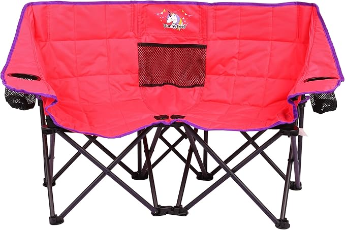 SUNNYFEEL Kids Folding Double Camping Chair, Portable Kids Camping Chairs 2 Seat Chair, Pink Padded Foldable Lawn Chairs w...