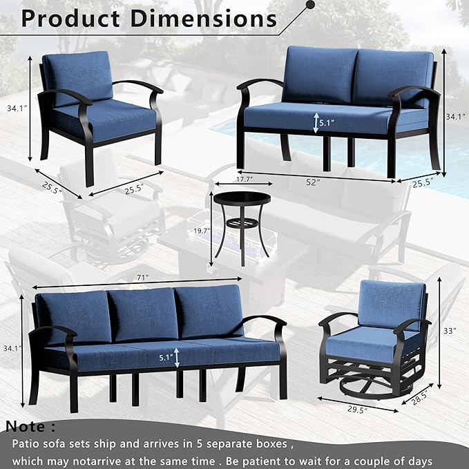 RTDTD Aluminum Outdoor Patio Furniture Set,4 Pieces 7 Seats Patio Conversation Sets with 45" Propane Fire Pit Table,Metal Patio Sectional Furniture Set w/5.1" Cushions,Navy Blue