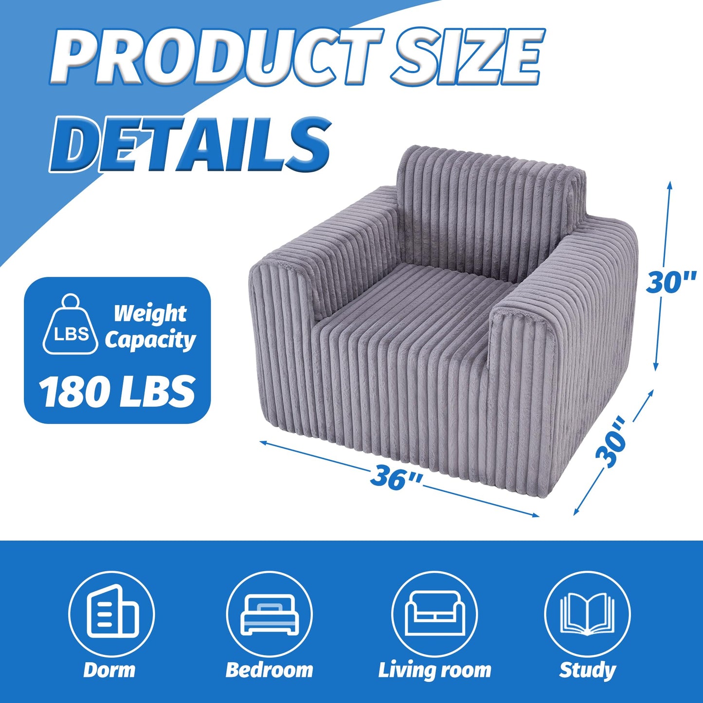 HABUTWAY Giant Bean Bag Chairs for Adults with Armrests, High Backrest Bean Bag Lounge Lazy Sofa with Durable Elastic Foam Filling & Comfy Fabric, Single Couch for Bedroom/Dorm/Living Room(Grey)