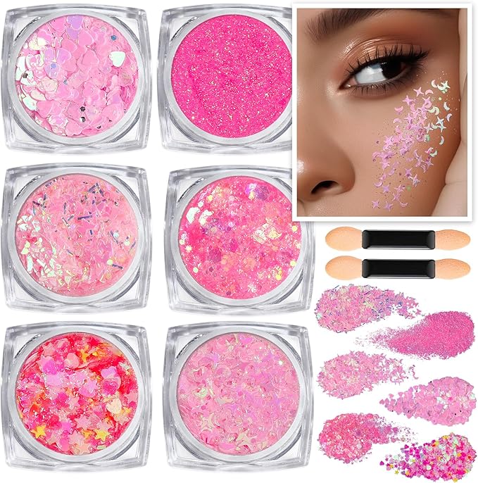 Teenitor Face Glitter, Pink Body Glitter Gel, Holographic Glitter for Face and Body, Hair, Gel Glitter Makeup for Festival...