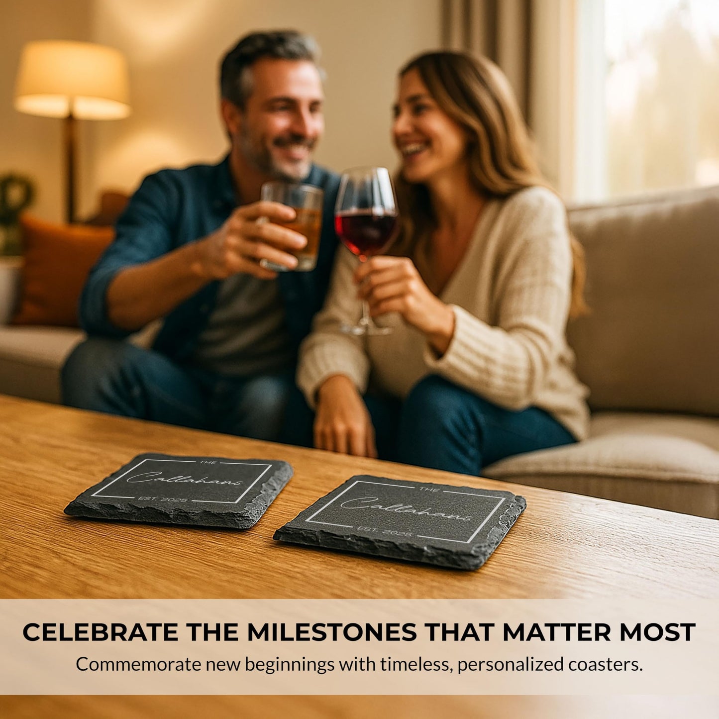 Custom Table Coasters for Drinks Set of 4 | Customized Name Engraved Square Slate Cup Coasters | Personalized Wedding Gifts for Couples 2025, Bridal Shower, Housewarming Gifts for Newlyweds