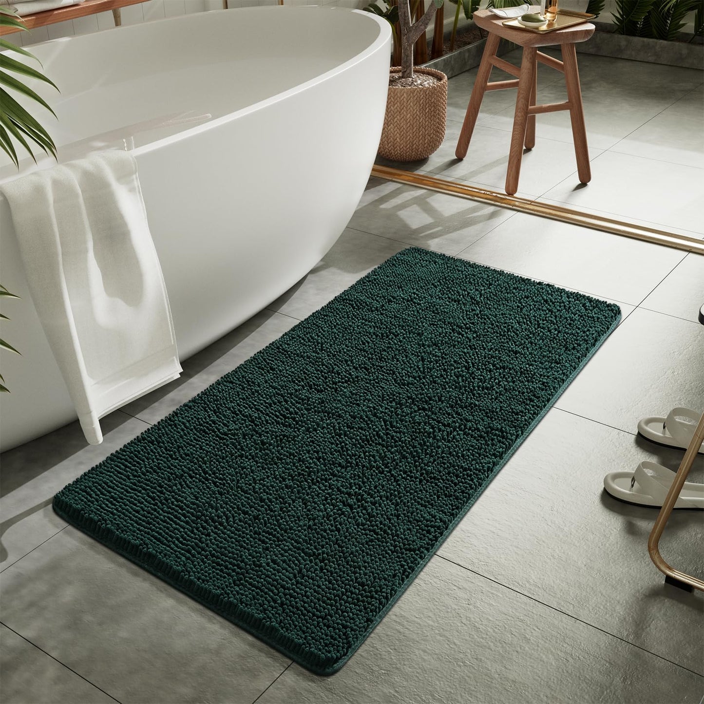 LOCHAS Luxury Bathroom Rug Shaggy Bath Mat 24 x 60 Inch, Washable Non Slip Bath Rugs for Bathroom Shower, Soft Plush Chenille Absorbent Carpets Mats, Hunter Green