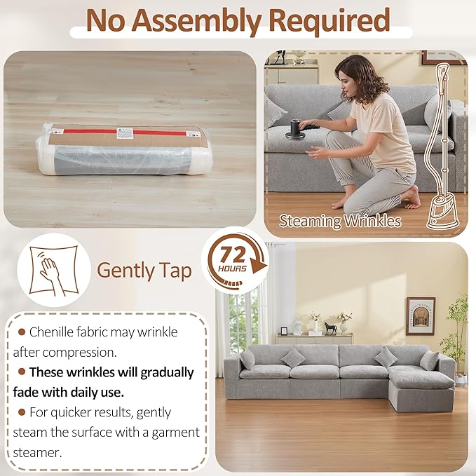 155''Cloud Boneless Sectional Couch, Modular Sectional Sofa Deep Seat with Ottoman, Oversized Upholstered Convertible Comfy 5 Seater Chenille Sofa L Shape Couches for Living Room, Light Grey