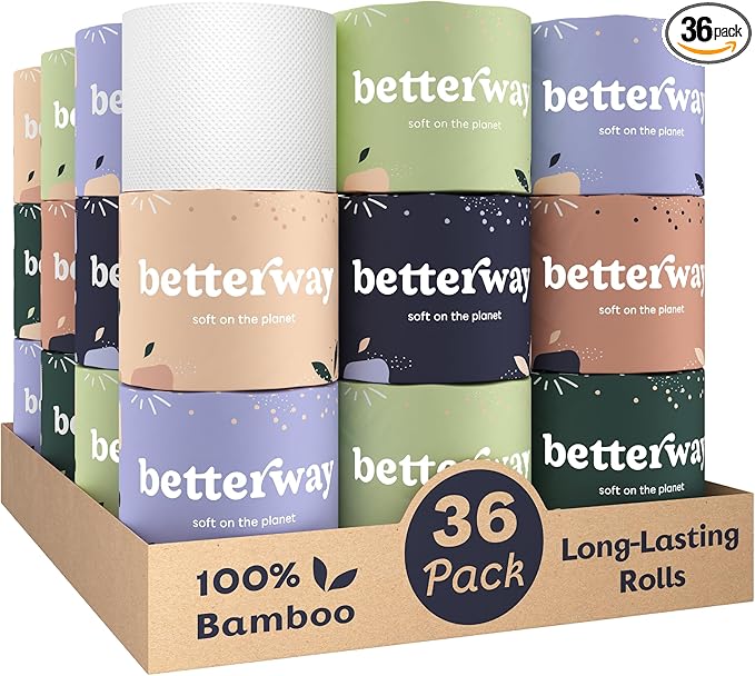 Betterway Bamboo Toilet Paper 3 Ply - Sustainable Toilet Tissue - 36 Long-Lasting Organic Rolls & 360 Sheets Per Roll - Septic Safe - Plastic & PFAS Free - FSC Certified