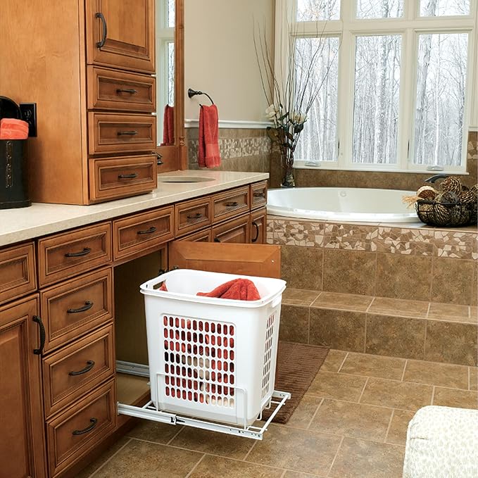 Rev-A-Shelf Pullout 20" Deep Cabinet Floor Steel Mounted Polymer Plastic Clothes Laundry Hamper with Full Extension Slides, White, HPRV-1520 S