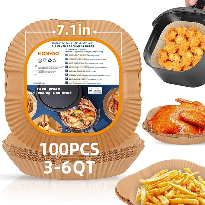 Air Fryer Paper Liners for 3-6 Qt, 4 qt Thickened Square 7.1 x 7.1 inch Disposable Parchment Liner Compatible with Ninja 5qt / Chefman 4-6 qt/Cosori 5qt / Instant Pot 4qt Airfryer