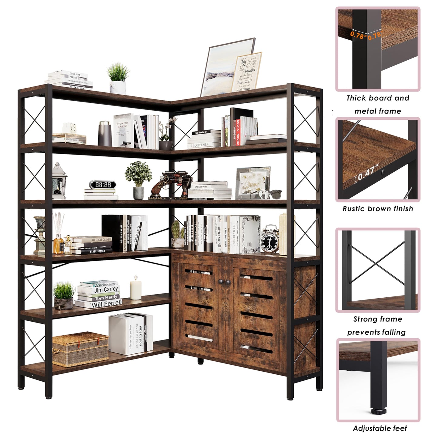 GLAUBIO Large 6 Tier Industrial Corner Bookshelf with Storage Cabinet,L Shaped Bookcase with Doors, Tall Corner Plant Stand, Tall Bookshelf for Living Room, Home Office（Brown Wood）