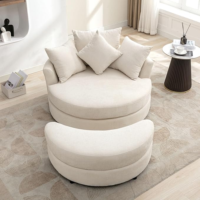 Yoglad Oversized Round Swivel Accent Chair - Modern 360 Degree Barrel Chairs with Storage Ottoman, for Living Room, Bedroom(Chenille- Cream)