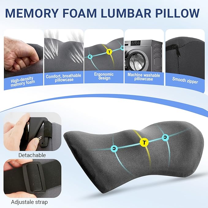 FOUSUPDT Lumbar Pillow with Adjustable Strap, Memory Foam Lumbar Support Pillow for Office Chair and Car Seat, Back Pillow for Lower Back, Back Support Pillow for Sitting, Driving, Traveling