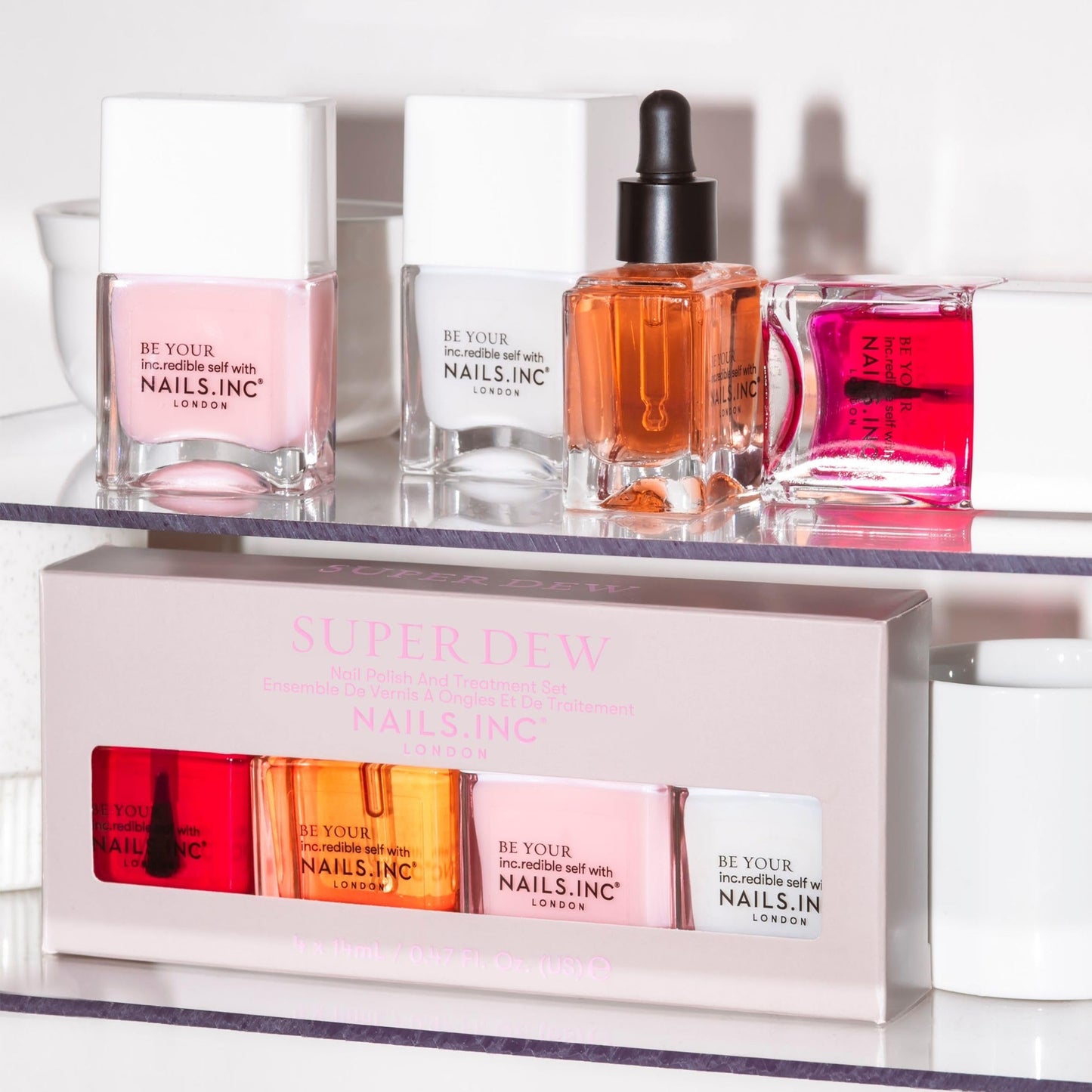 Nails Inc Super Dew Nail Polish Quad, Glow Enhancing Shades, Clean Girl Aesthetic, Fast Drying, Long Lasting, Chip Resistant, Ai