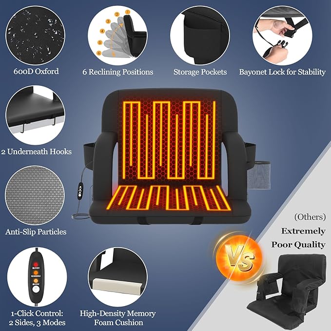 Seeutek Heated Stadium Seats for Bleachers, Portable Stadium Seats with Back Support, USB 3 Levels Bleacher Chairs with Back and Cushion, 5 Pockets Poldable Stadium Chairs for Sports Games,23in 2PC