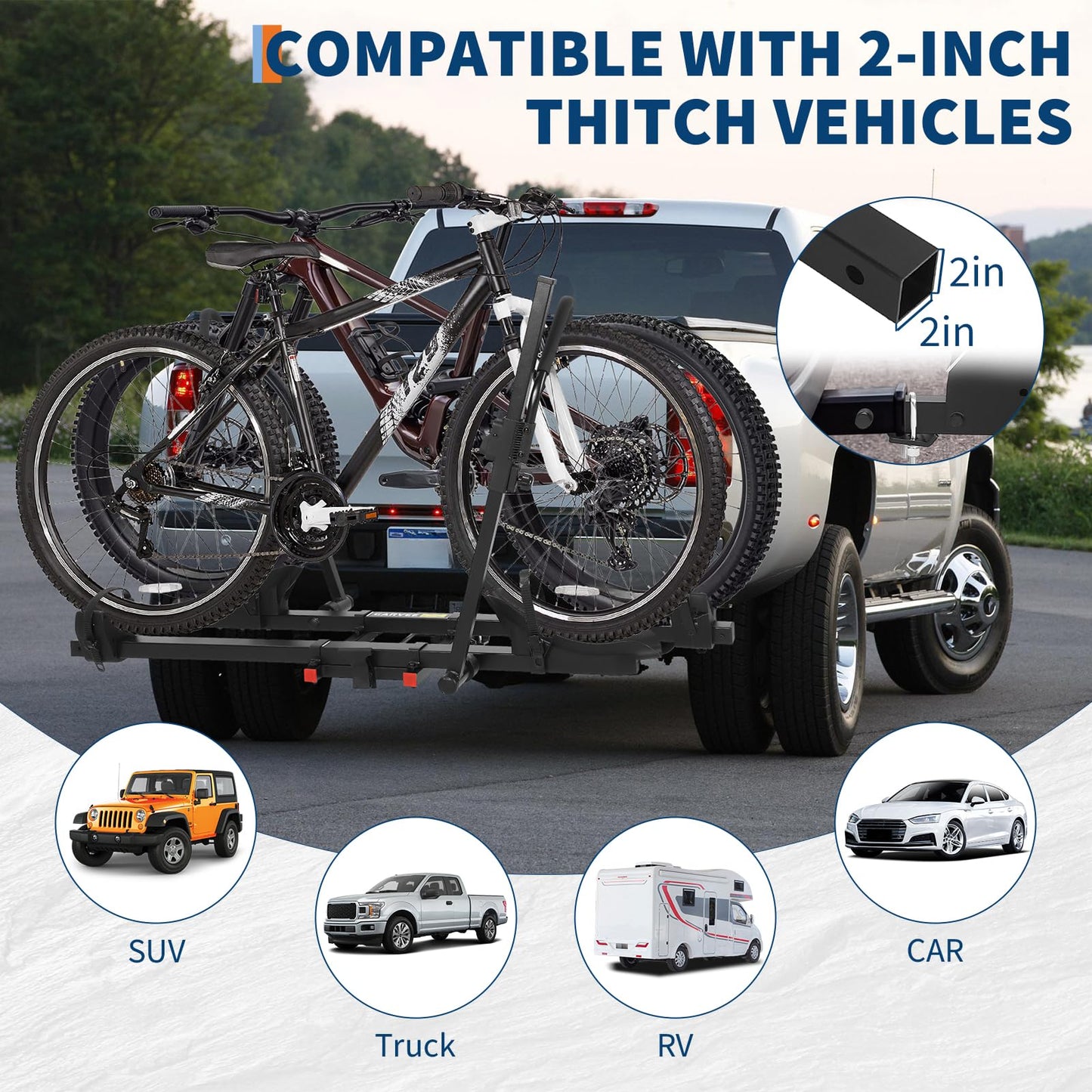 E-Bike Rack for 2-Bike, 200lbs Heavy Duty Hitch Mount Bike Carrier with Anti-Wobble System, Fits 5" Fat Tires, Tilting & Folding Design, 2" Receiver