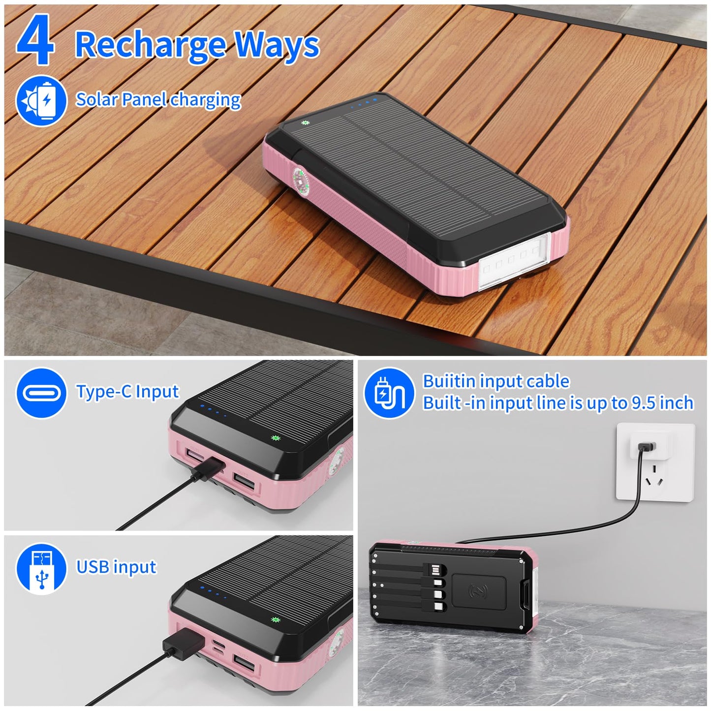 Solar Charger Power Bank 49800Mah, Portable Phone Charging Built-In 4 Cables 22.5W Fast Charging For Cell Phones, Type-C Input/O