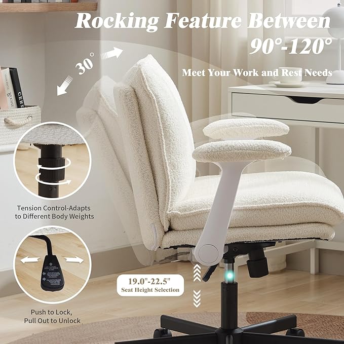 Kassipo Criss Cross Legged Office Chair with Wheels and Flip-Up Arms, Upholstered Criss Cross Desk Chair, Wide Seat Chairs for Home Office, Vanity, Apartment, Beige