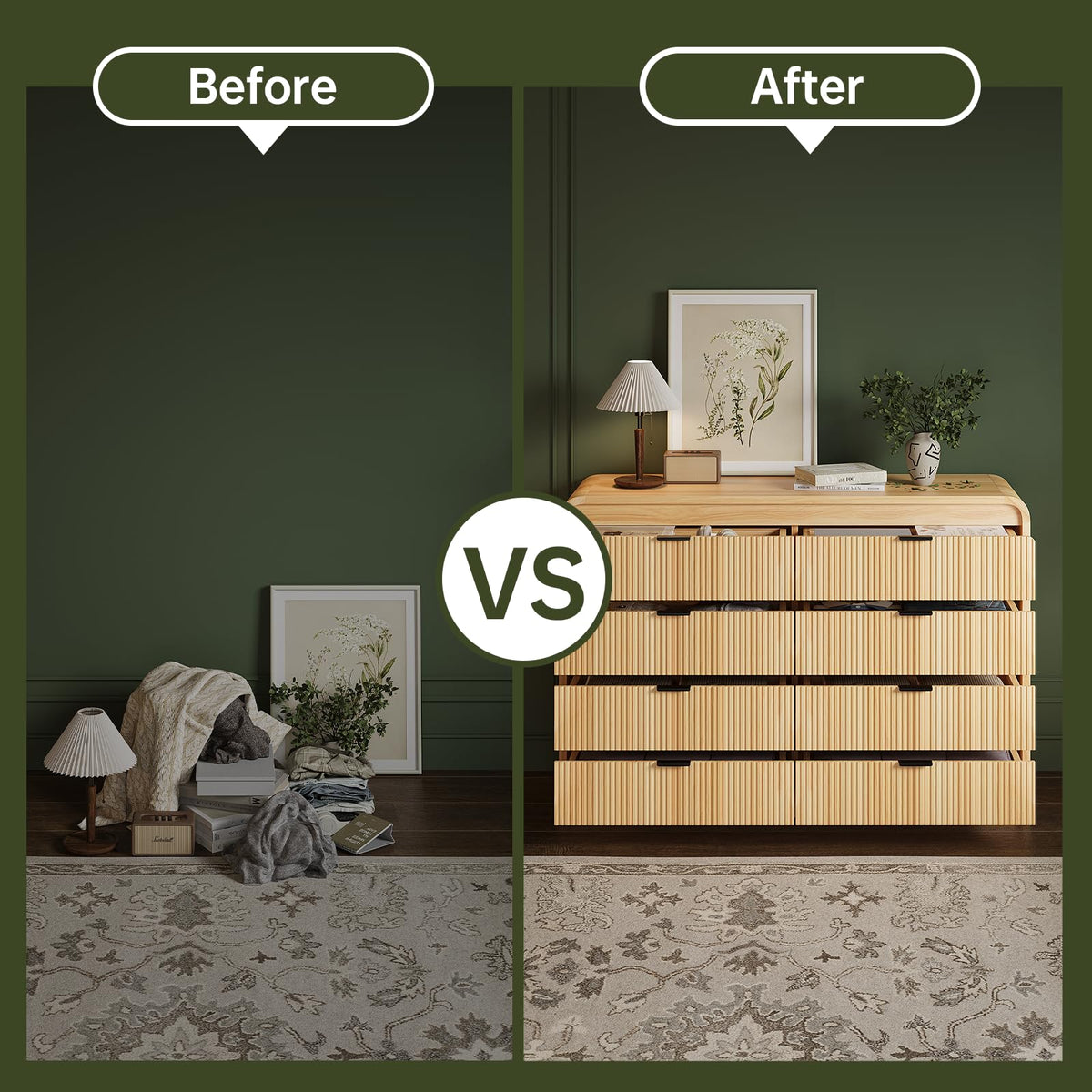 FURSUN Fluted 8 Drawers Dresser for Bedroom, 55" Wide Wooden Dresser with Metal Handle, Curved Profile Design, Modern Storage Organizer for Living Room, Hallway, Natural Oak