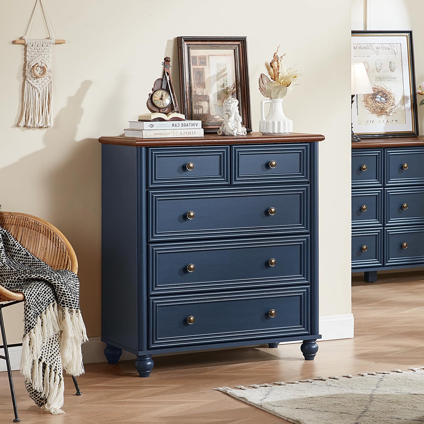 RWYHG Farmhouse 5 Drawer Dresser for Bedroom, 35.5" Tall Small Dressers & Chest of Drawers, Rustic Wood Dresser with Roman Column, Storage Organizer for Living Room, Hallway, Closet (Blue)
