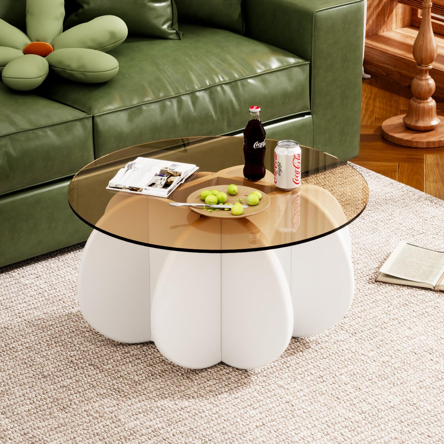 Glass Coffee Table, Mid Century Modern Design, 31.5'' Modern Round Tempered Glass Coffee Tables for Living Room, Cocktail Table for Small Space Home Office. (White + Brown)