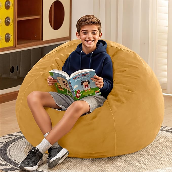 HABUTWAY 2FT Bean Bag Chair, 2' Beanbags Small Bean Bag Chairs with Filling, Teardrop Bean Bag Chair Luxurious Velvet Ultra Soft Fur with Removable Cover(Mustard)