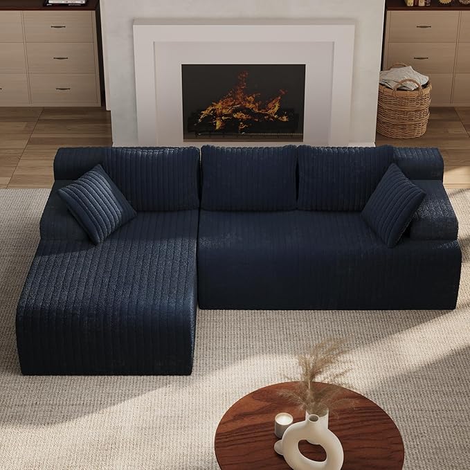 LAUSAINT HOME 96" Modular Sectional Sofa Couches, L-Shaped Boneless Cloud Sofa with 3 Deep Seat, 5 Cushiones Oversized Chaise for Living Room, Bedroom, Plush Corduroy Fabric (Left, Navy Blue)