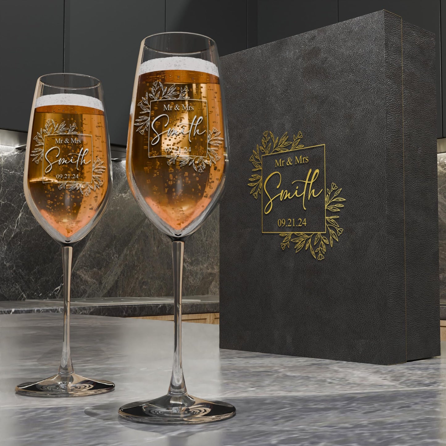 Personalized Champagne Flutes - Set of 2 - Custom Wedding Glasses - Bride & Groom Wedding Gifts for Mr & Mrs - Engagement, Bridal Shower, Anniversary, Gift for Couple - Valentines Day Gift - 6 Designs