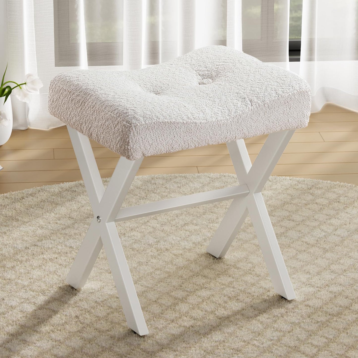 Memobarco 18-Inch Vanity Stool Chair, Vanity Bench with Metal X-Legs, Ottoman Foot Stool with Breathable and Soft Boucle Fabric Saddle Seat, White
