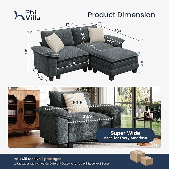 PHI VILLA Cloud Modular Couches Sets, 87.5" Sectional Loveseat Sofa with 1 Movable Ottoman, 3-Seater Comfy Couches for Living Room Apartment, Chenille Fabric, Dark Cyan