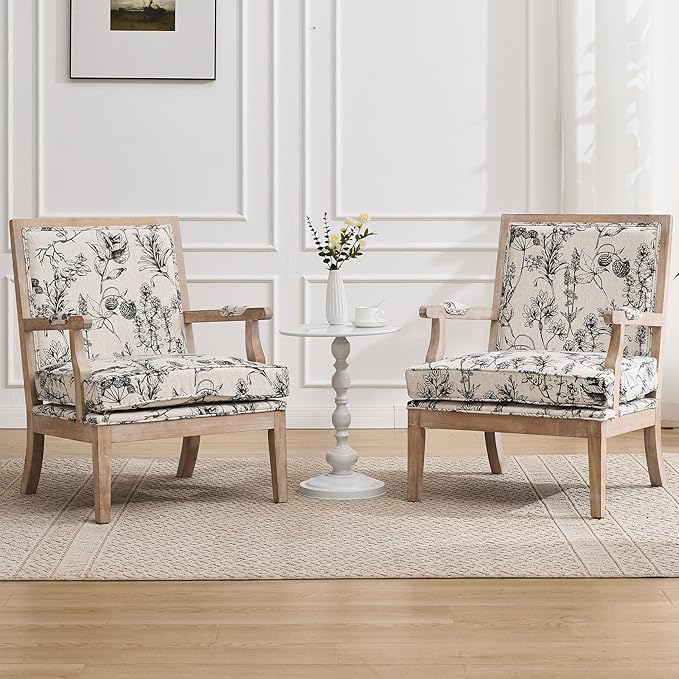 DM Furniture Floral Accent Chair Set of 2 Mid-Century Modern Living Room Chairs Upholstered Linen Lounge Armchair with Solid Wood Frame & Removable Cushion for Bedroom, Balcony, Floral Pattern