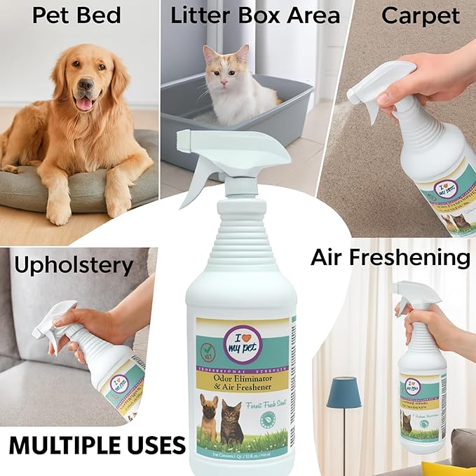 I Love My Pet Odor Eliminator Spray for Home - Instant Neutralizer for Dog and Cat Urine, Carpet, Furniture & Couch Safe, 32oz Forest Fresh Scent - Strongest Enzyme Cleaner for Pet Smell