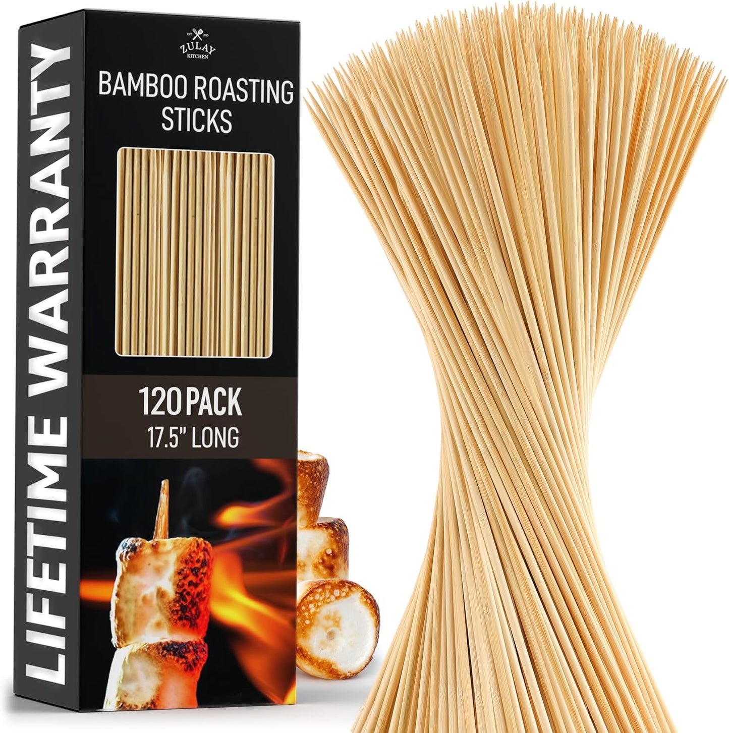 Zulay 120 Pack Bamboo Wooden Skewers - 17.5" Marshmallow Roasting Sticks & Barbeque Skewers For Campfire - Authentic Bamboo Sticks & Smores Sticks For Grilling Hotdogs, Kabobs, BBQ, & More