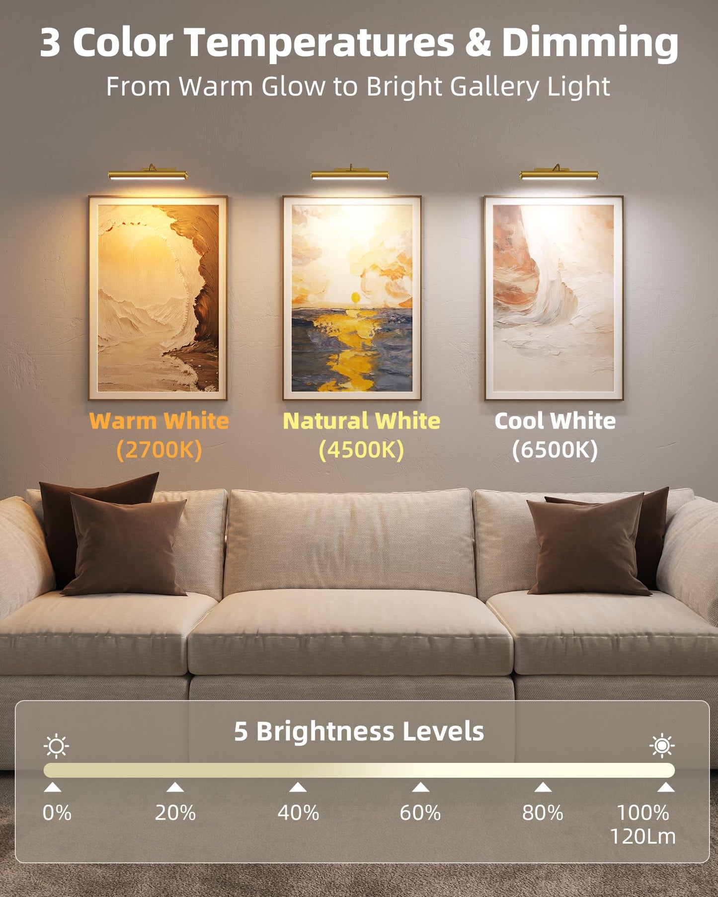 EZVALO Picture Lights for Wall, 6000mAh Rechargeable Battery 16″ Painting Light with Remote, 3 Color Temps Wireless Art Light for Gallery, Living Room, Hallway (Gold)