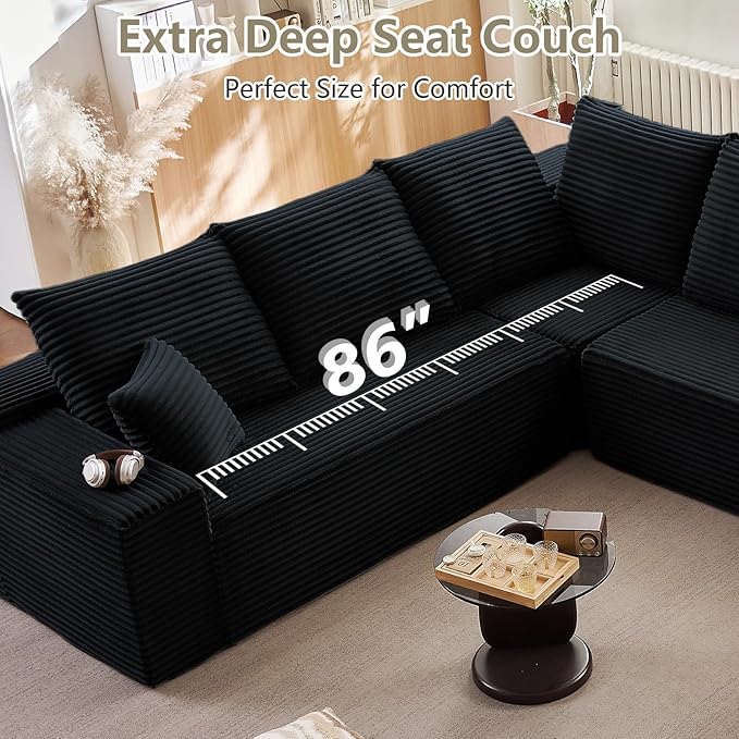 Cloud Sectional Couch with L-Shape Chaise, Modern Modular Comfy Sofa with Deep Seat, Upholstered Corduroy Couches Stupendous U Shaped Sofas for Living Room Bedroom, No Assembly Required, Black