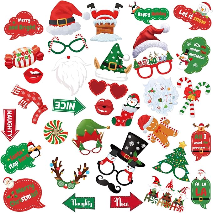 Christmas Photo Booth Props - 36Pcs Christmas Party Decorations Decor & Selfie Accessories, Fun Xmas Party Favors Gifts fo...