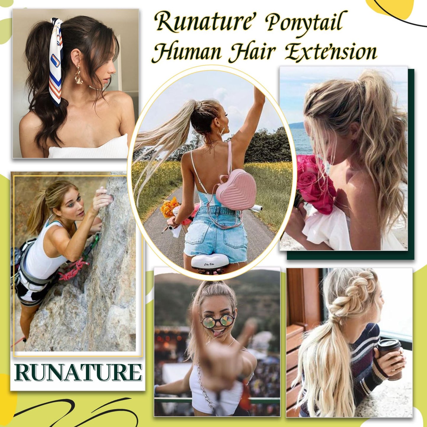 RUNATURE Human Hair Ponytail Extension Blonde Ponytail Hair Extension Dark Blonde Highlight Caramel Blond Short Ponytail Human H