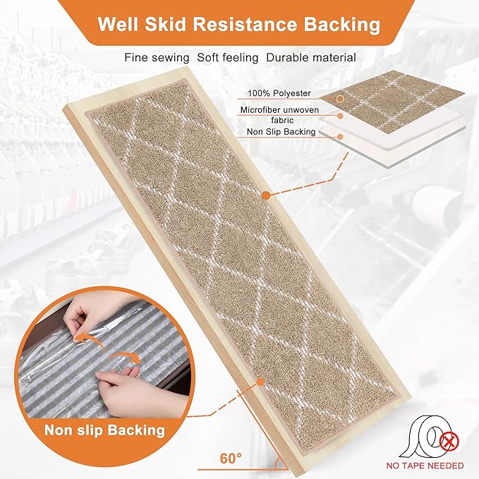 BEQHAUSE Stair Treads Non Slip Stair Runners for Wooden Steps Machine Washable Polyester Soft Stair Rugs 28inX9in Beige Stair Mats Safety Edging Stair Rugs for Dogs,Elders and Kids 4pcs