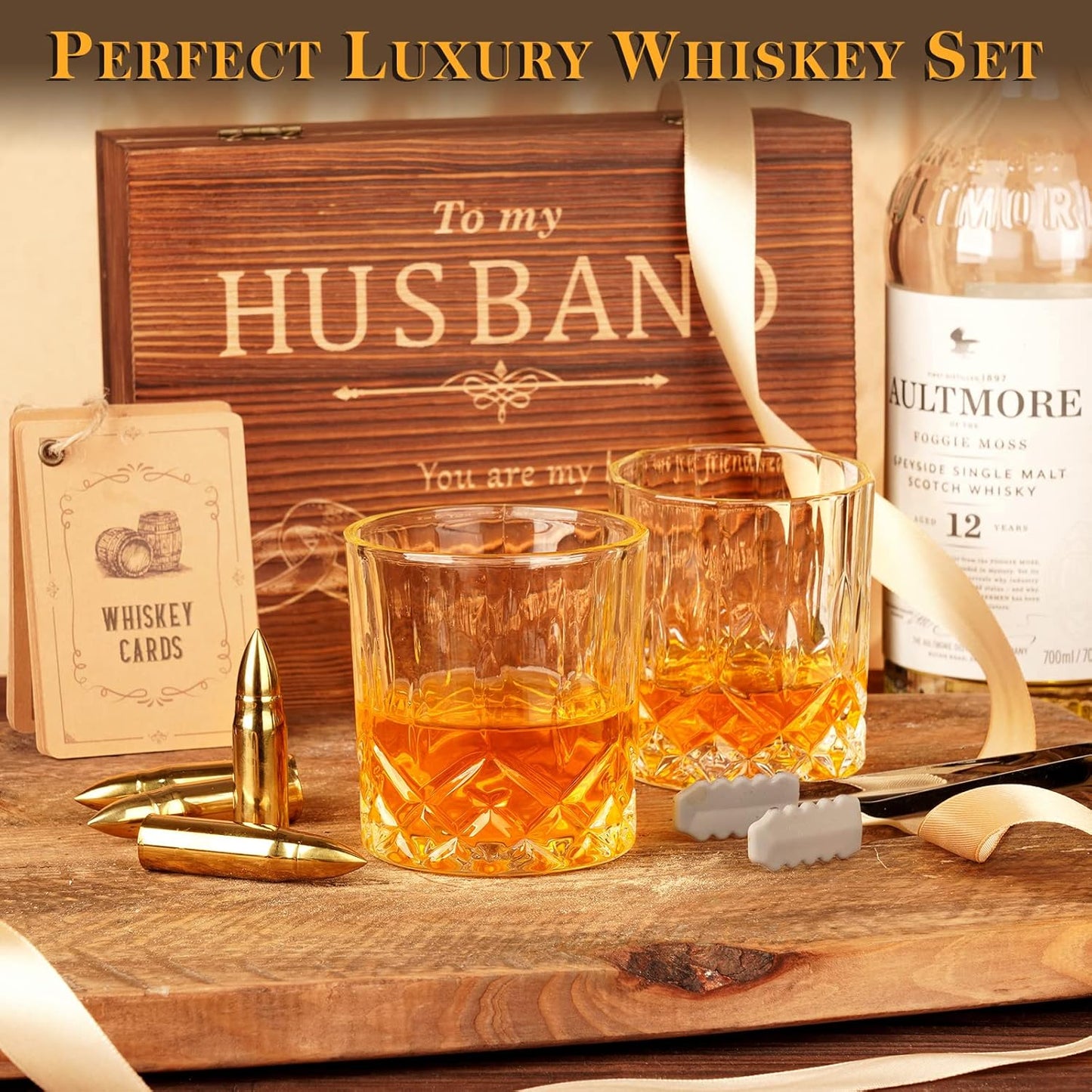 Oaksea for Him - Stainless Steel Engraved Whiskey Stones Glasses Set, Birthday Wedding Gift for Dad, Husband, Boyfriend, Fiance - Cool Bourbon Scotch Set