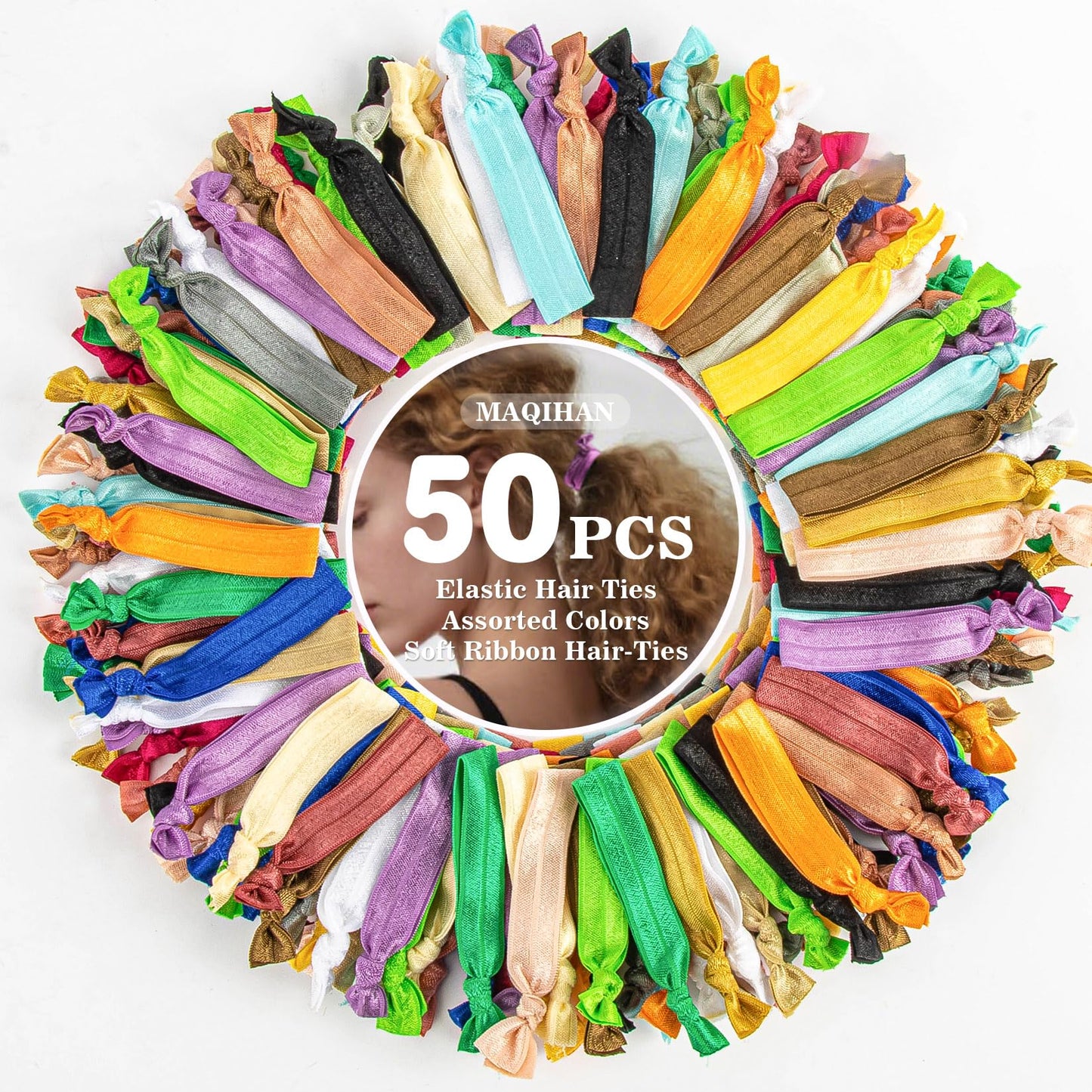 50 PCS Soft Ribbon Hair-Ties - No Crease Elastic Hair Ties for Woman Men, Colorful Knotted Hair Tie for Thick Hair, 20 Colors Yo