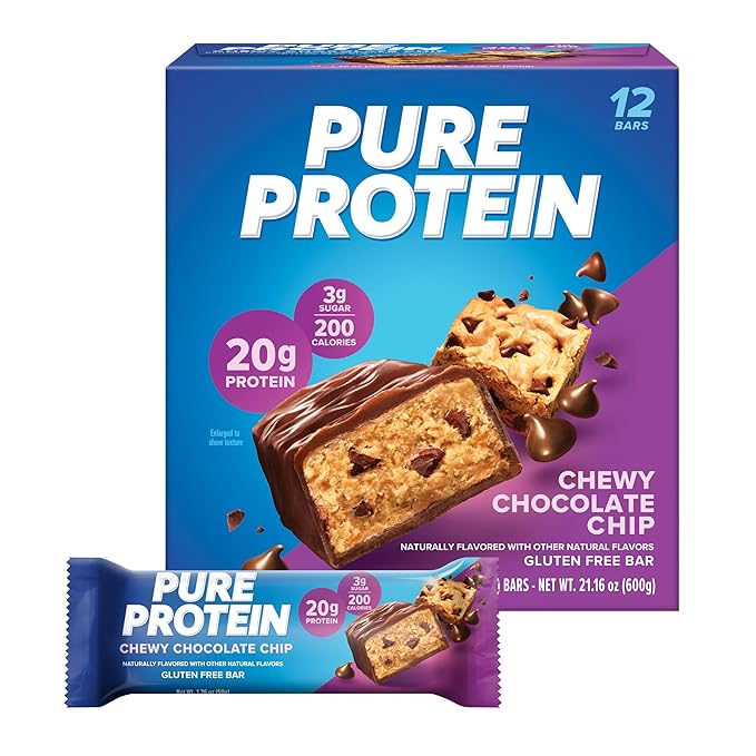 Pure Protein Chewy Chocolate Chip Protein Bars – 20g Protein, 3g Sugar, 190 Calories (12 count) Low Sugar* High Protein Sn...