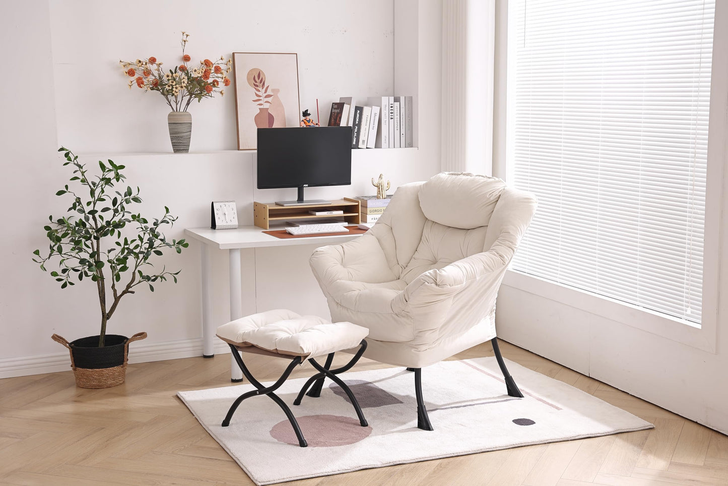 Lazy Chair with Ottoman, Modern Chair with Folding Footrest, Lounge Accent Chair, Comfortable Reading Chair, Oversized Armchairs for Bedroom, Study, Living Room, Courtyard (Beige)