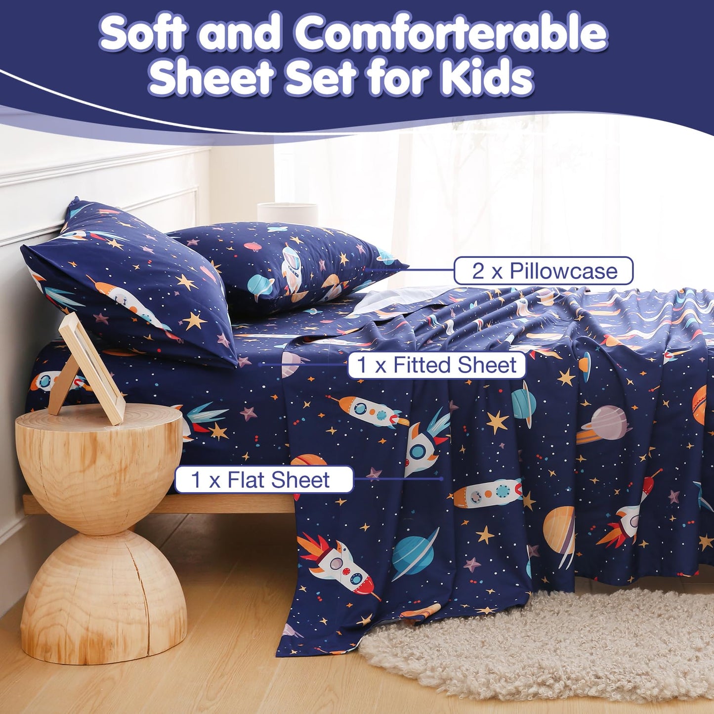 CIMVI Full Size Bed Sheets for Boys Space Rocket Universe Bed Sheet Sets for Kids 4 Piece Soft Microfiber Bed Sets with Deep Pocket Cartoon Bedding for Children Kids (Space, Full)
